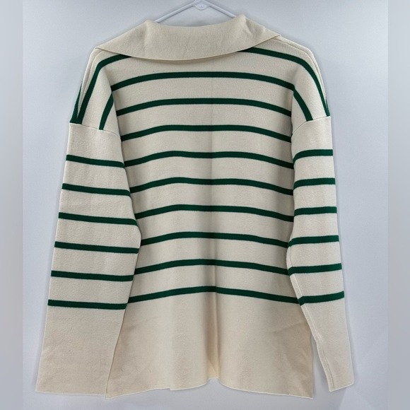 Zara Striped Polo V-Neck Collar‎ Coastal Soft Sweater, Green and White, Size S - Picture 5 of 13